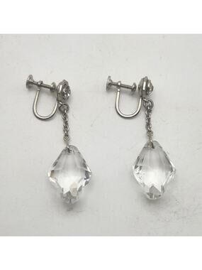 Vintage Clear Faceted Acrylic Dangle Screwback Earrings Silver Tone Rhinestone